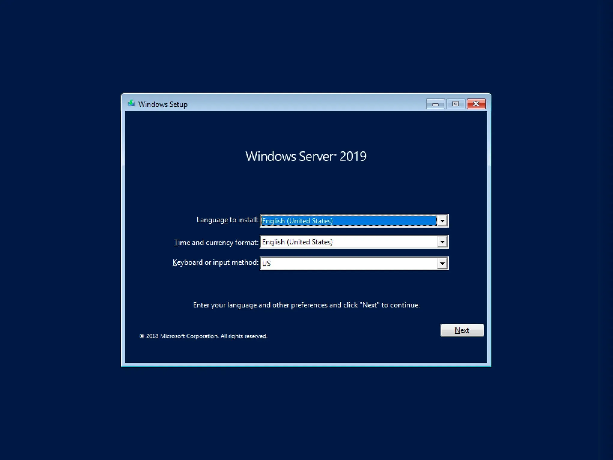 Install Windows Server 2019 - Step 1