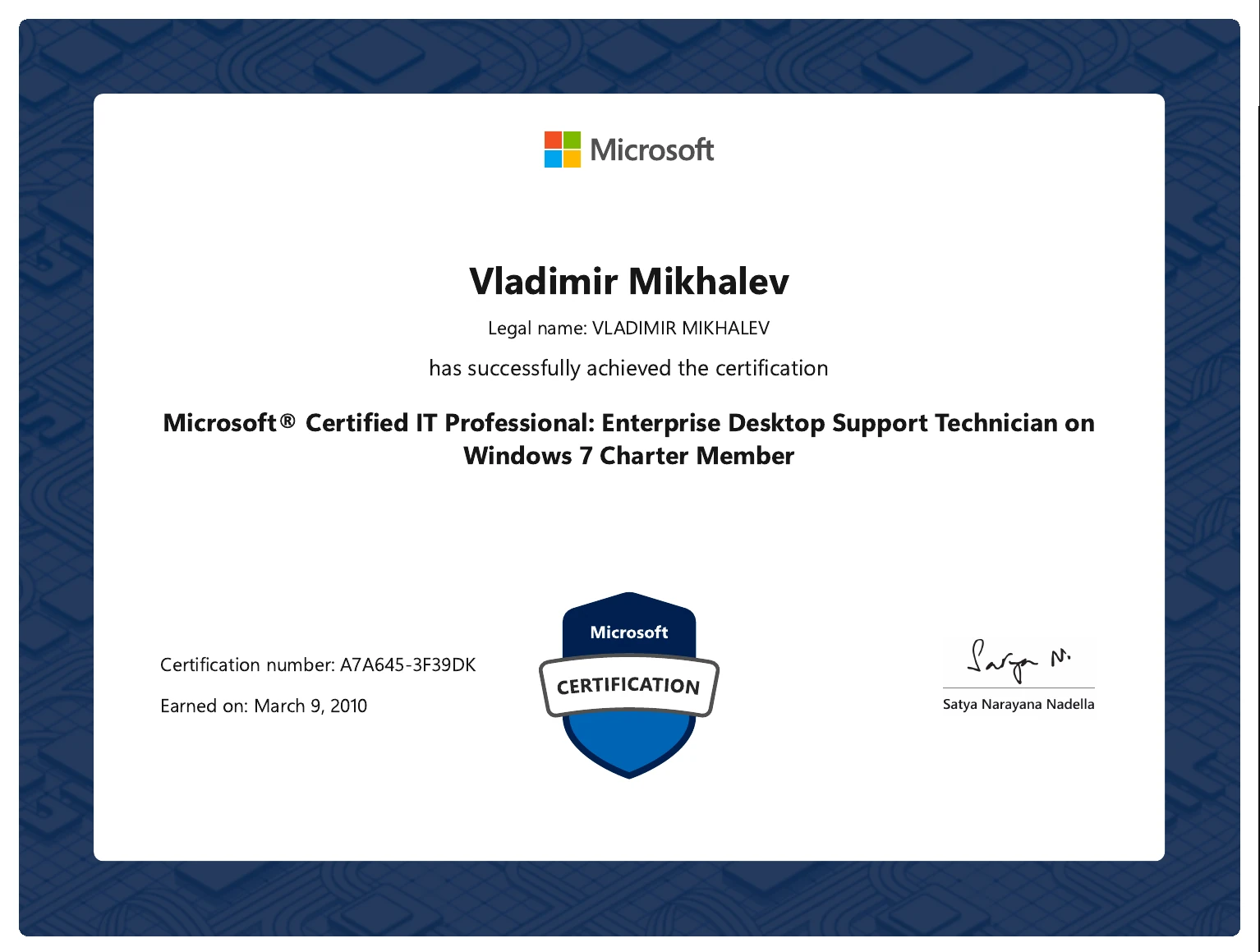 Vladimir Mikhalev - Microsoft Certified IT Professional Enterprise Desktop Support Technician On Windows 7 Charter Member - Certificate