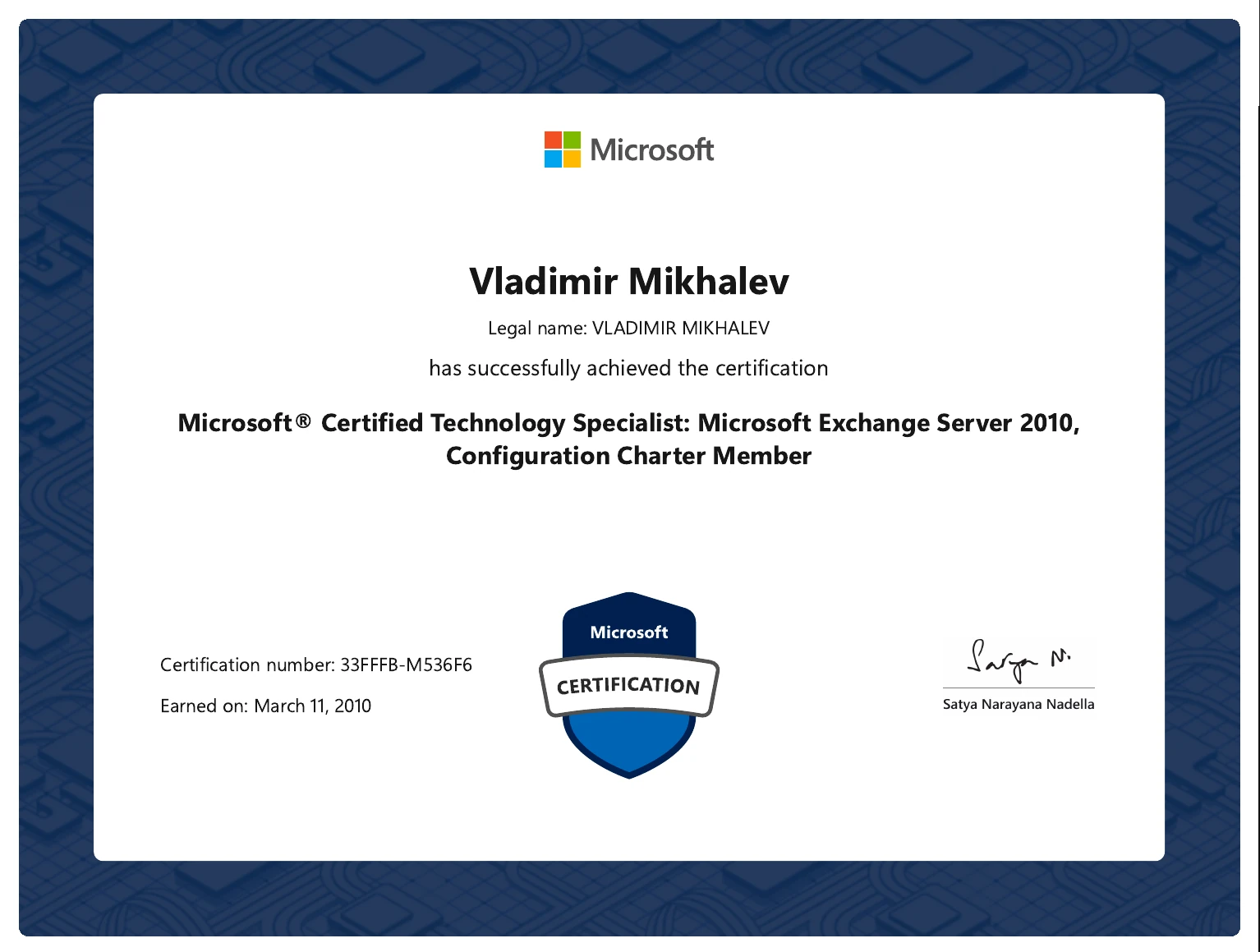 Vladimir Mikhalev - Microsoft Certified Technology Specialist Microsoft Exchange Server 2010 Configuration Charter Member - Certificate