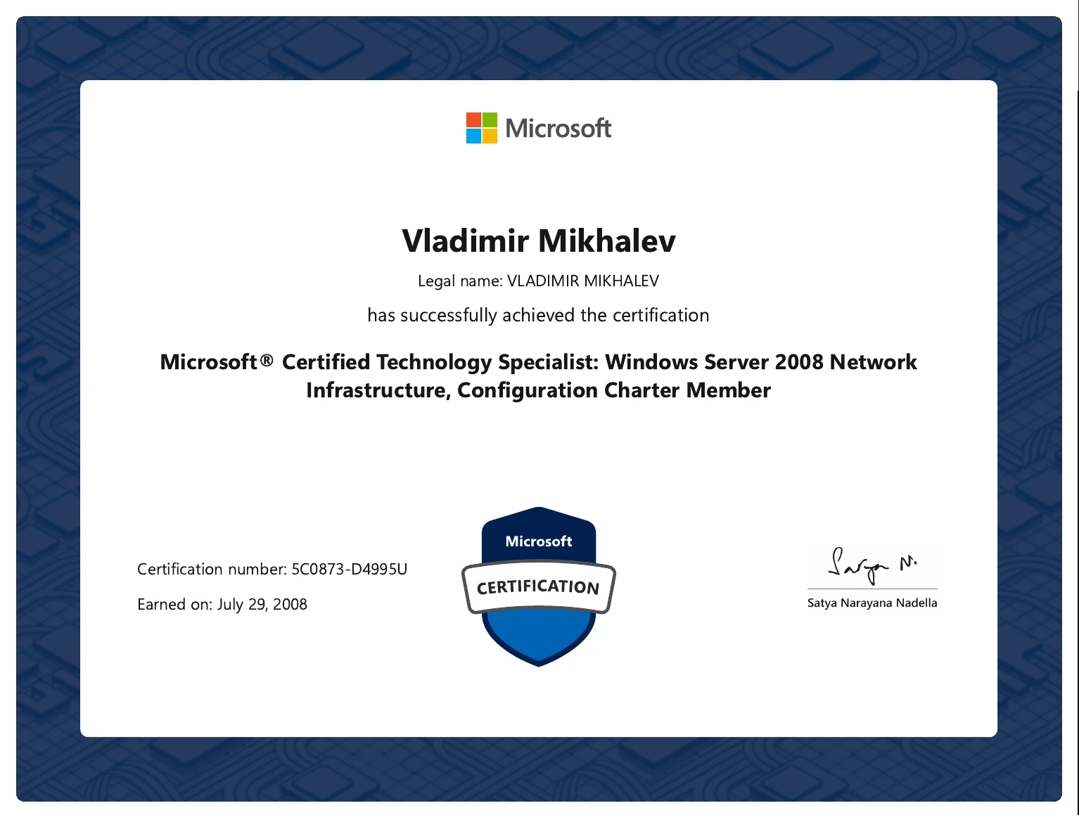 Vladimir Mikhalev - Microsoft Certified Technology Specialist Windows Server 2008 Network Infrastructure Configuration Charter Member - Certificate